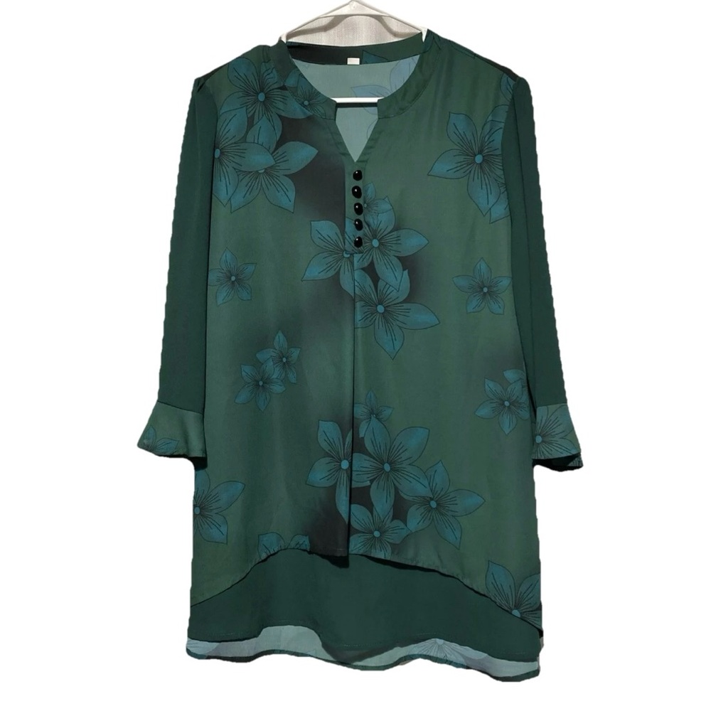 Women's Dark Green Floral‎ Blouse with Button Detail & Frilly Sleeves, Size L